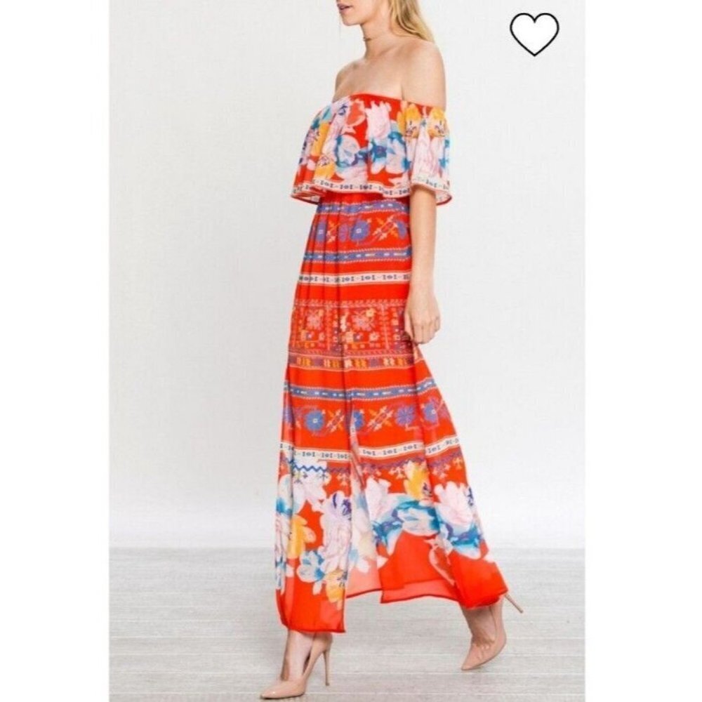 Jealous Tomato Red Print Off Shoulder Dress Size Small 2 Front Slits lined